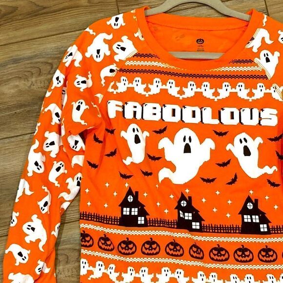 Halloween FABOOLOUS orange ghost, bats and haunted house sweatshirt size LG - Picture 2 of 7